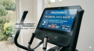 The digital interface of a cross trainer console displaying customisable UK workout programmes and adjustable stride length settings.