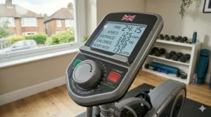 High-detail shot of the cross trainer console showing heart rate, calories, and speed in kilometres per hour.