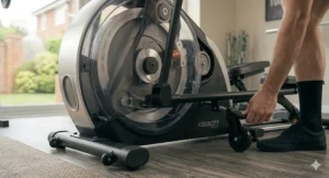 Padded dual-action handlebars with integrated pulse sensors for full-body tracking on a smooth-motion elliptical.