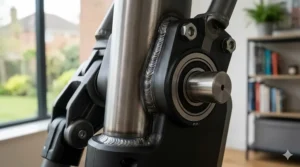 High-detail macro shot of the reinforced steel welding and heavy-duty bearings on the elliptical frame, signifying premium British build quality.