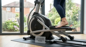 An elliptical with a 10kg flywheel featuring a low step-through design for easy accessibility.
