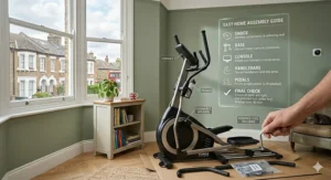 An assembly guide illustration showing the simple home setup of a cross trainer using the included tools, with an average build time of 45 minutes.