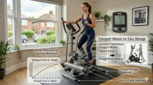 Diagram showing how to use the transport wheels and lift points to move the cross trainer into storage.