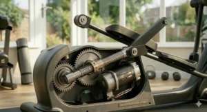 Close-up of the UK three-pin power plug and energy-efficient motor of the incline system.