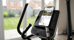 Close-up of a smartphone mounted on an elliptical console showing real-time workout stats via a fitness app.