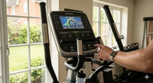 Photorealistic view of a digital elliptical console showing HIIT workout programmes and heart rate data.