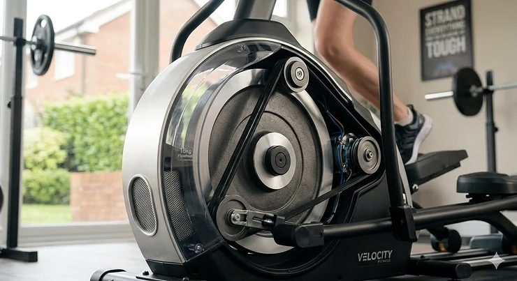 A high-end elliptical cross trainer with an 18kg flywheel for smooth motion, positioned in a modern UK home gym. elliptical with 18kg flywheel for smooth motion