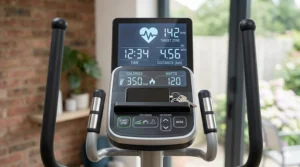 The backlit LCD console of a £500 elliptical showing heart rate, calories, and distance in kilometres.