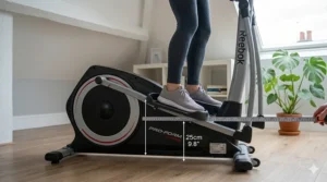 Illustration showing the low pedal height of a front-drive cross trainer to maximise headroom in rooms with low ceilings.