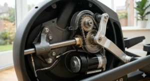 Close-up of the motorised lift system on an elliptical with power adjustable incline.