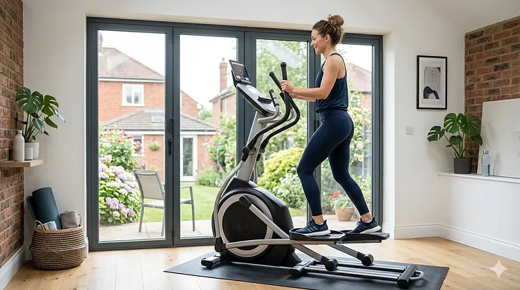 A high-quality elliptical with a 10kg flywheel for home use, priced under £500, positioned in a bright UK spare room. elliptical with 10kg flywheel under £500