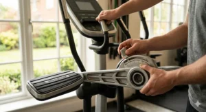 Detail shot of cushioned Ergo-Stride pedals and multi-grip handlebars on a professional-grade elliptical.