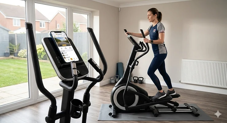 A person using a sleek, app-connected elliptical trainer in a modern UK home gym setting, displaying a tablet synced with fitness software. app connected elliptical under £800