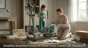 A compact, foldable elliptical trainer being prepared for storage in a small British bedroom.