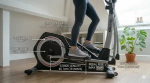 Diagram showing the ergonomic stride length of a front-drive elliptical that maintains a low profile for height-restricted rooms.