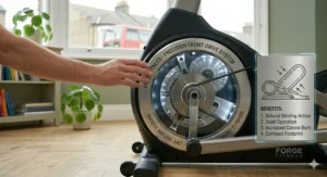 Cutaway illustration of the precision front-drive system and balanced flywheel, highlighting a smooth, natural gait and quiet operation for home cardio.