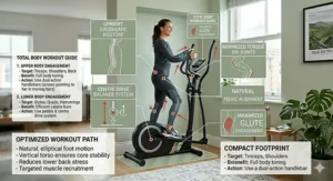 Workout guide highlighting upper and lower body muscle engagement on a space-saving elliptical machine.