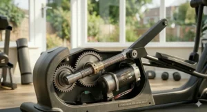 The sturdy steel frame of a high-end elliptical with power adjustable incline.