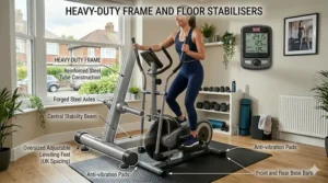 Illustration of the reinforced steel frame and adjustable levelling feet to ensure stability on UK flooring.