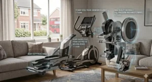 A person practising a yoga and flexibility programme on a mat in their home gym alongside an iFit compatible elliptical trainer.