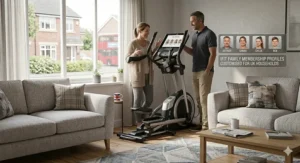 An illustration of the automatic incline and resistance technology on an iFit elliptical trainer that adjusts based on the digital workout terrain.