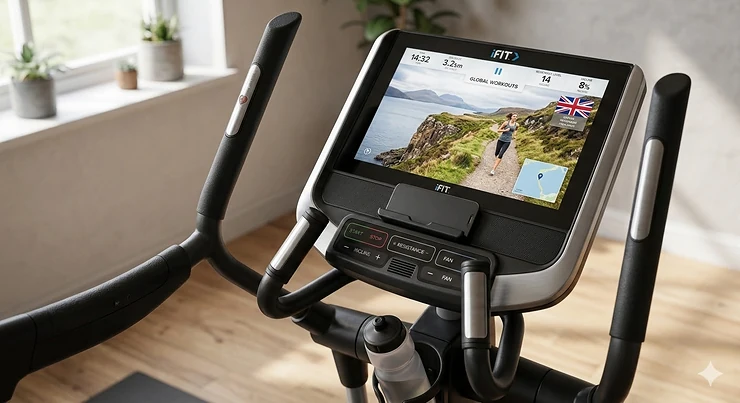 A woman using an iFit compatible elliptical trainer in a bright British living room with a red post box and double-decker bus visible through the window. ifit compatible elliptical trainer