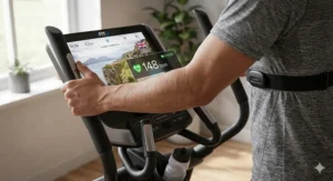 A close-up of a high-definition iFit console on an elliptical cross trainer showing a global workout programme filmed in a scenic coastal location.