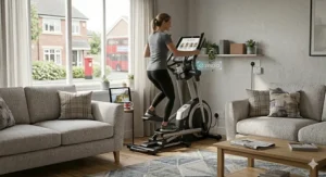 An engineering diagram showing the sturdy steel frame and high-quality internal flywheel components of an iFit compatible elliptical trainer.