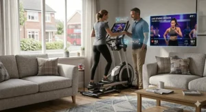 A British couple standing next to an elliptical trainer displaying multiple iFit family membership user profiles on the integrated touchscreen.