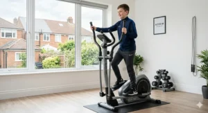Side-by-side comparison of a junior elliptical trainer versus a full-sized adult model with height markers in cm.