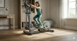 A digital console on a youth elliptical showing speed in km/h and distance in kilometres.