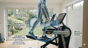 A biomechanical diagram highlighting the low-impact elliptical path of a cross trainer designed to protect knees and ankles during exercise.