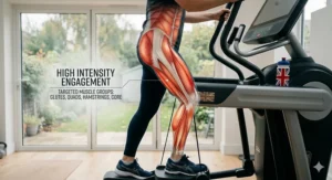 Illustration of the lower body muscle groups including glutes and quads engaged when using a cross trainer with a full 20 inch stride.