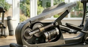 A fitness enthusiast using the power adjustable incline feature on a cross trainer for a hill climb workout.