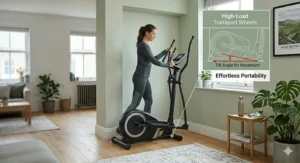 A compact centre drive elliptical being moved easily using integrated high-load transport wheels on a wooden floor.
