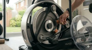 A user easily moving the elliptical trainer using the built-in transport wheels for convenient storage.