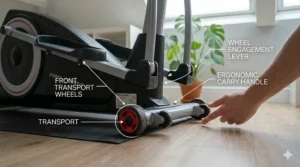 Close-up of sturdy transport wheels on a cross trainer, showing how to easily move the equipment in a confined indoor space.
