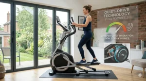 A person exercising quietly on a 10kg flywheel elliptical, ideal for UK semi-detached homes.