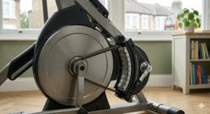 Internal view of the silent magnetic resistance system and flywheel of a budget-friendly elliptical, designed for quiet home workouts in the UK.