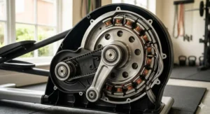 High-detail internal view of a commercial grade rear drive flywheel and belt mechanism.