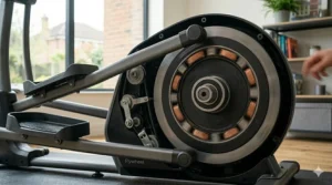 A shot of the flywheel in motion, illustrating the whisper-quiet magnetic resistance technology ideal for noise-sensitive UK households.