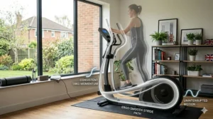 A photorealistic illustration with graphic overlays showing the ergo-smooth stride path and consistent 18kg momentum of the rear drive elliptical.