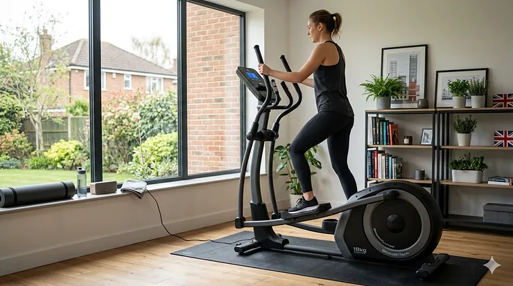 A woman exercising on a smooth rear drive elliptical cross trainer in a modern, sunlit UK home gym with a view of a British residential garden. smooth rear drive elliptical with 18kg flywheel