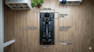 A top-down diagram showing the compact footprint of a front-drive elliptical trainer, ideal for small UK flats or spare rooms.