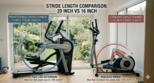 A comparison graphic showing the difference in leg extension between a standard 16 inch and a professional 20 inch stride length for taller users.