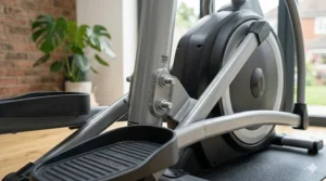 Detailed shot of the sturdy steel frame and non-slip pedals of a mid-range home cross trainer.