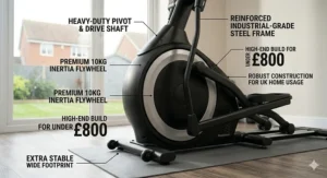 A side profile of a robust elliptical trainer with a heavy-duty flywheel, designed for stable home workouts.