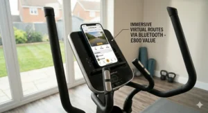 A tablet screen showing a virtual scenic running route in the UK countryside synced to the elliptical’s pace.