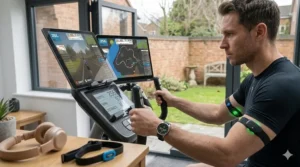 An athlete wearing a chest strap monitor synchronised to a Bluetooth-enabled elliptical trainer for Zwift training.