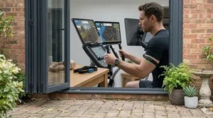 The Zwift interface displayed on a tablet secured to a cross trainer, showing a virtual British park route.